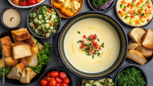 Wallpaper Mural Delicious fondue with fresh vegetables, bread, and colorful sides Torontodigital.ca