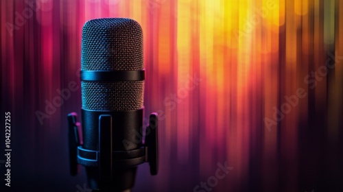 A close up of a microphone in front of colorful lights during a live music ev...