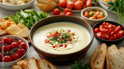 Creamy cheese fondue surrounded by fresh vegetables and bread. delightful spread!