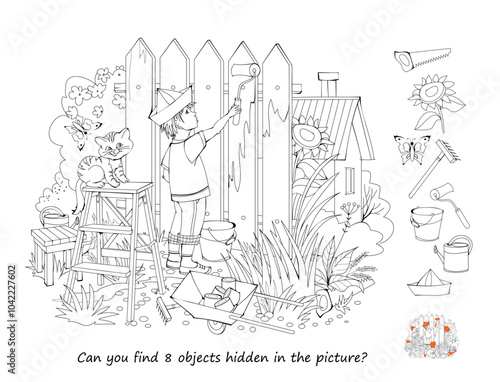 Can you find 8 objects hidden in the picture? Logic puzzle game for children and adults. Illustration of a little boy painting the fence. Educational page for kids. Black and white vector drawing.