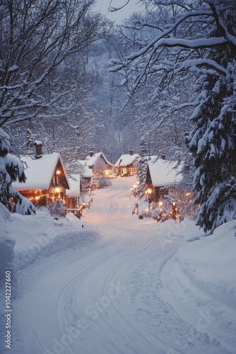 A tranquil winter evening reveals a quiet village adorned with snow