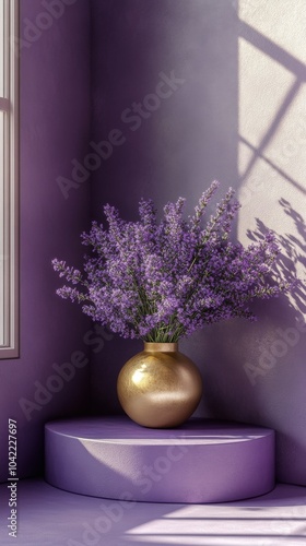 Beautiful lavender bouquet in a golden vase displayed in a light purple corner