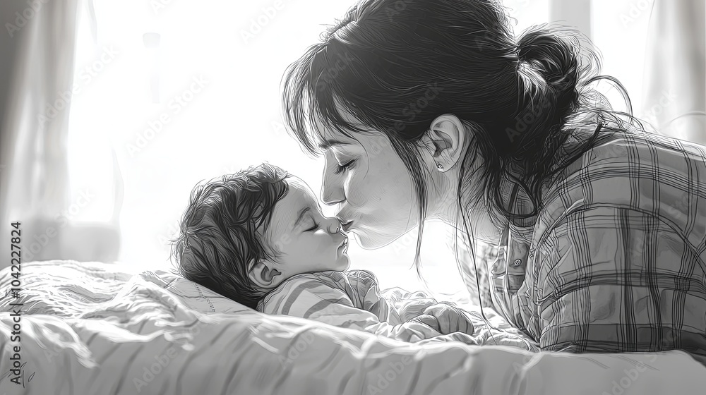 Fototapeta premium Mother tenderly bonding with her newborn child on a cozy bed