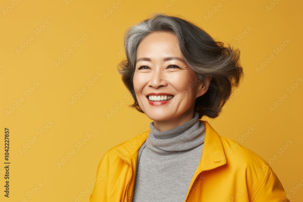 Portrait of happy senior asian woman in yellow raincoat on yellow background. Portrait of happy senior asian woman in yellow raincoat on yellow background.