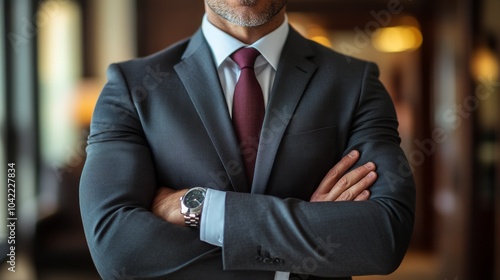 Business professional in formal attire with arms crossed in upscale office se...