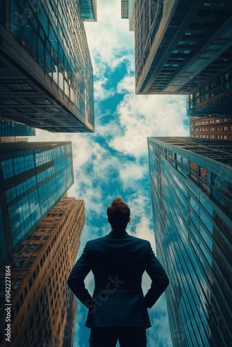 A businessman gazes upward between towering skyscrapers in an urban setting d...