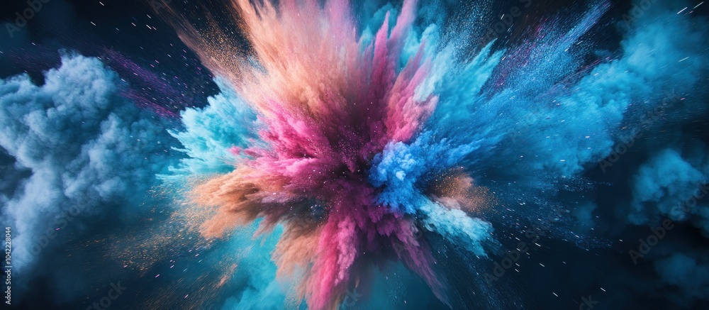 A vibrant explosion of pink, blue and orange powder against a black background. A vibrant explosion of pink, blue and orange powder against a black background.