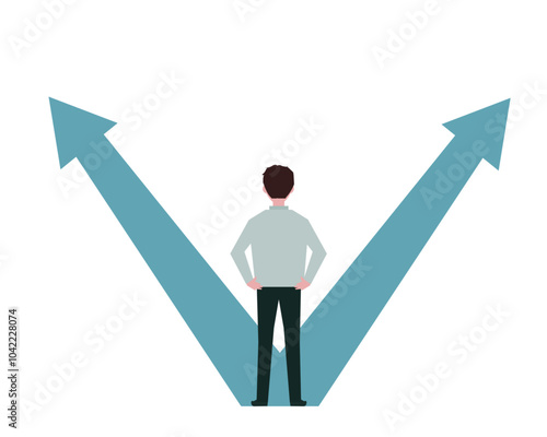 2つの選択肢に迷う後ろ姿の男性。矢印の前に立つ男性。