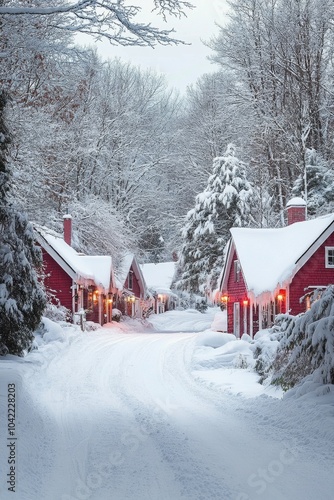 A tranquil winter evening reveals a quiet village adorned with snow