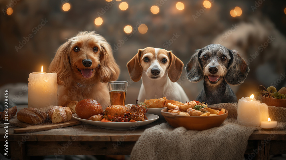 Delightful dogs enjoying festive meal together, surrounded by warm lights Delightful dogs enjoying festive meal together, surrounded by warm lights