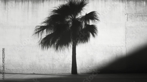 A striking palm tree shadow cast against a textured wall during late afternoo...