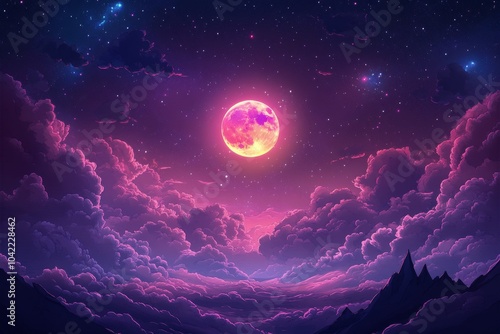A vivid moonlit sky illuminated by a colorful full moon over a serene cloud f...