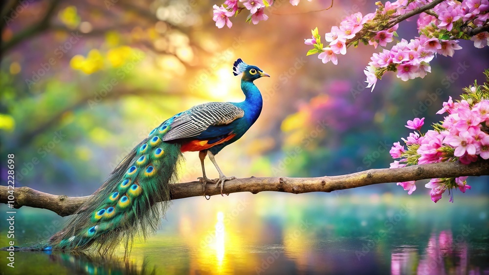 reflected peacock on branch with colorful flowers in background reflected peacock on branch with colorful flowers in background