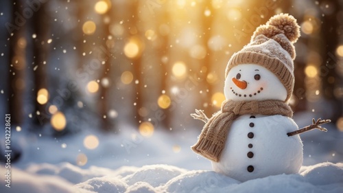Merry christmas and happy new year greeting card with copy-space.Happy snowman standing in winter christmas landscape.Snow background