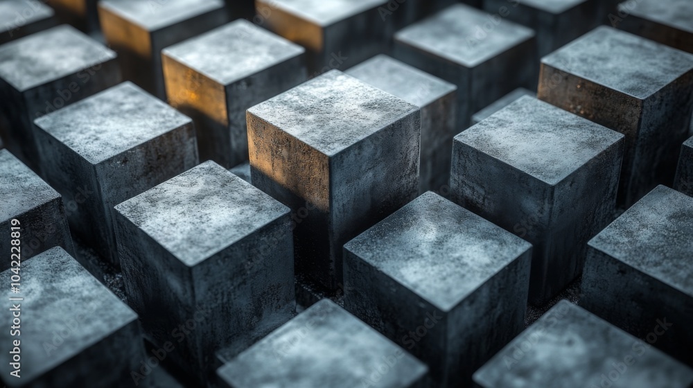 A collection of concrete blocks is arranged in a grid formation, softly illuminated from above, creating an abstract and minimalist atmosphere. The contrast of light and shadow adds depth. A collection of concrete blocks is arranged in a grid formation, softly illuminated from above, creating an abstract and minimalist atmosphere. The contrast of light and shadow adds depth.