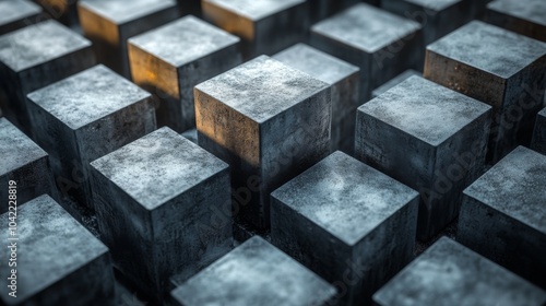 A collection of concrete blocks is arranged in a grid formation, softly illuminated from above, creating an abstract and minimalist atmosphere. The contrast of light and shadow adds depth.