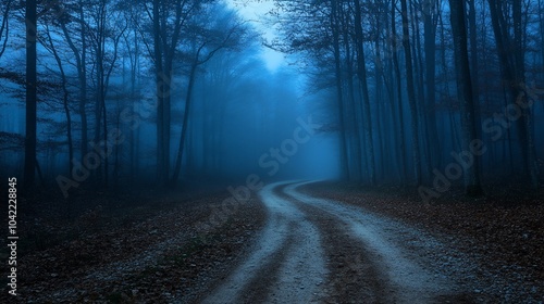 A winding dirt road leads into a dense, misty forest, shrouded in an ethereal blue light, creating an atmosphere of mystery and intrigue.