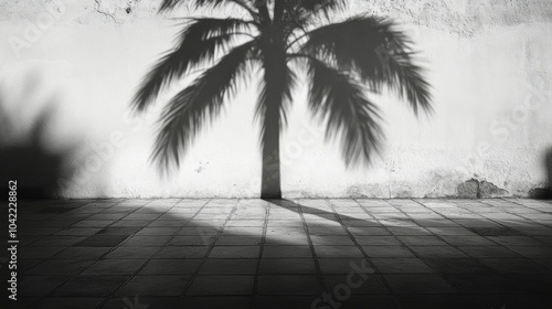 A striking palm tree shadow cast against a textured wall during late afternoo...