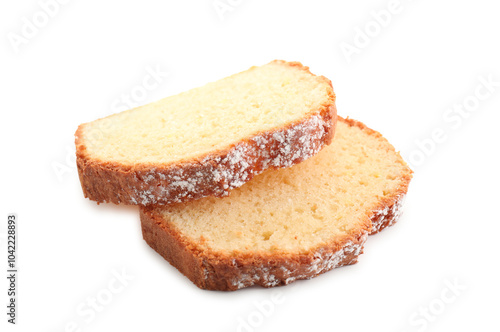 Slices of freshly baked sponge cake isolated on white