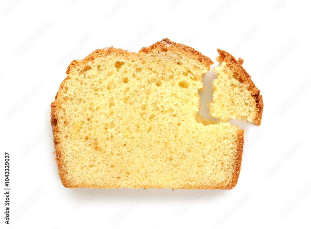 Slice of freshly baked sponge cake isolated on white, top view Slice of freshly baked sponge cake isolated on white, top view