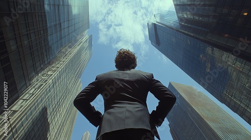 A business professional gazes upward at skyscrapers in a bustling city during...