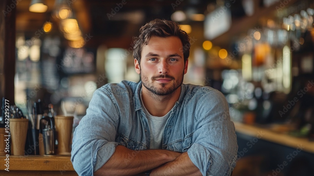 Young man in a cozy caf smiling while sitting at a wooden table during daytime Young man in a cozy caf smiling while sitting at a wooden table during daytime