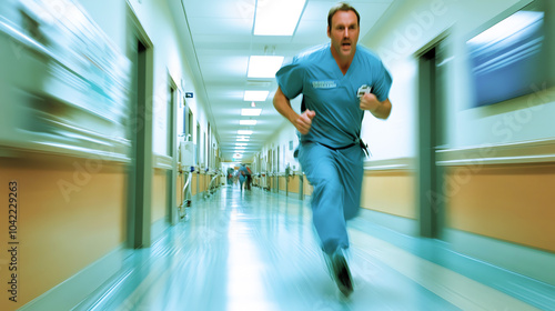 Emergency room doctor rushing through a hospital corridor, responding to an urgent situation, emergency medicine, critical care photo