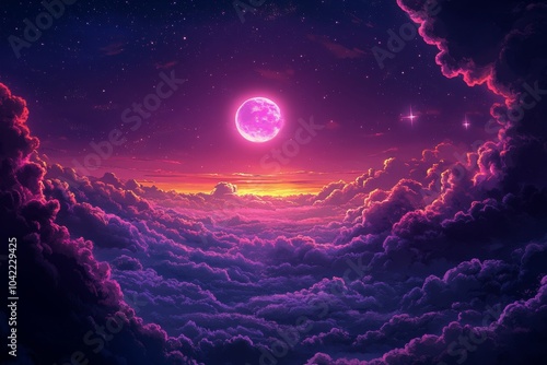 A vivid moonlit sky illuminated by a colorful full moon over a serene cloud f...