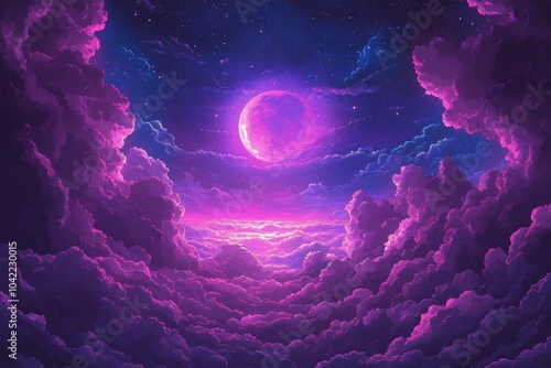 A vivid moonlit sky illuminated by a colorful full moon over a serene cloud f...