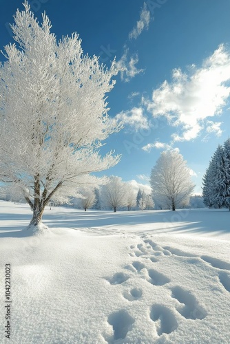 Snowy winter landscape featuring frosted trees under a bright blue sky