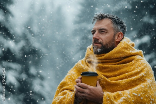 Man wrapped in a yellow blanket enjoys a warm drink while snow falls in a win...