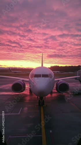 Sunset view of an airplane at the airport with vibrant skies in the background