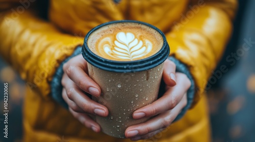 A person stands in a bustling city street, holding a disposable coffee cup wi...