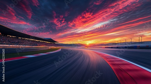 Dramatic sunset casts vibrant colors over racing track during competitive eve...