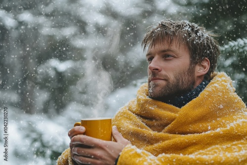 Man wrapped in a yellow blanket enjoys a warm drink while snow falls in a win...