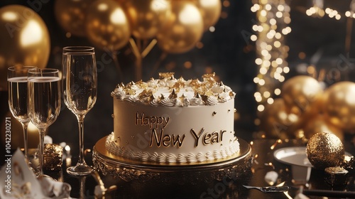 Elegant New Year's Party Setup with Champagne Glasses, a Festive Cake, and Gold Decorations