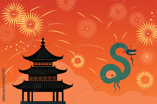 Illustration of a black pagoda with a green snake zodiac sign and fireworks against an orange sky.