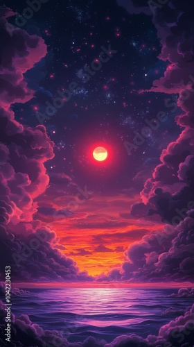 A breathtaking cosmic view showcasing vibrant clouds and a crescent moon in a...