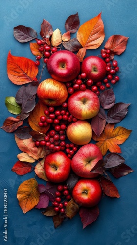 A vibrant autumn arrangement of apples and colorful leaves on a blue background