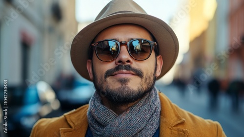 A stylish man wearing sunglasses and a hat walks through a busy city street d...