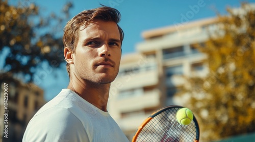 A young man prepares to serve tennis on a sunny day at an urban court surroun...