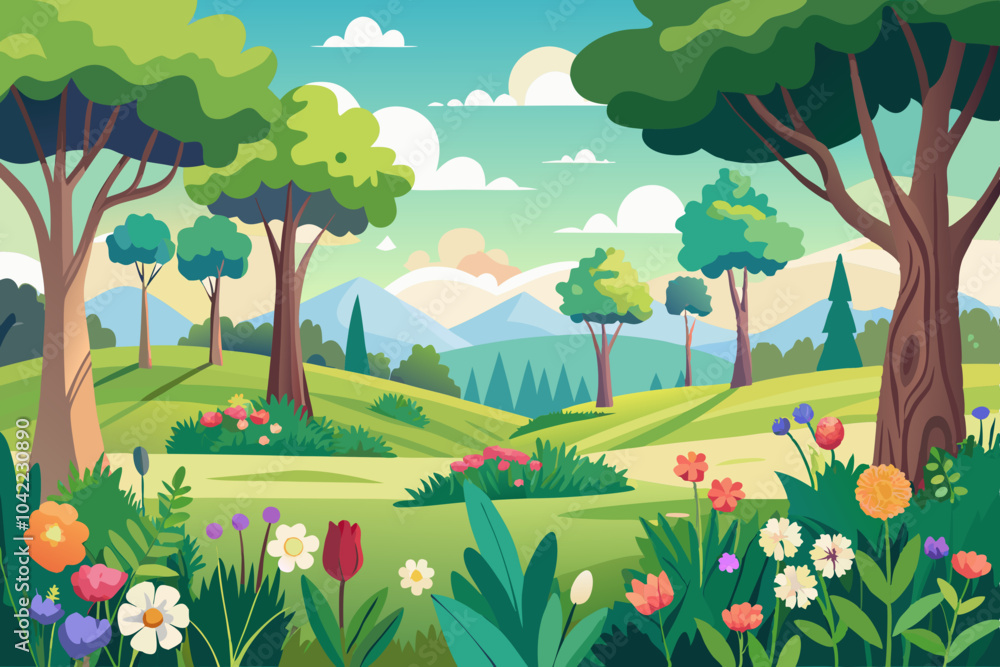Fototapeta premium Blank meadow flower landscape scene with many trees