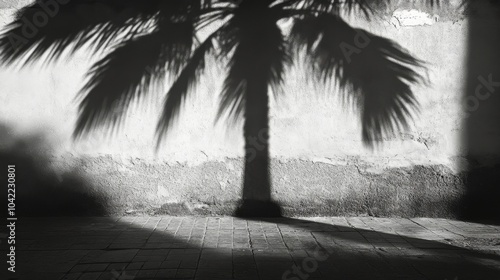 A striking palm tree shadow cast against a textured wall during late afternoo...
