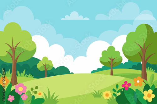 Blank meadow flower landscape scene with many trees