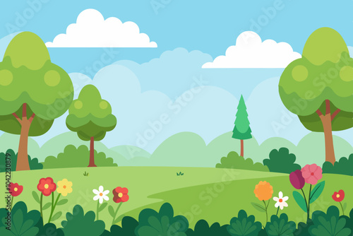 Blank meadow flower landscape scene with many trees