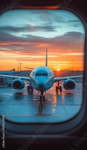 Sunrise view of an airplane at the gate with vibrant clouds at the airport ea...
