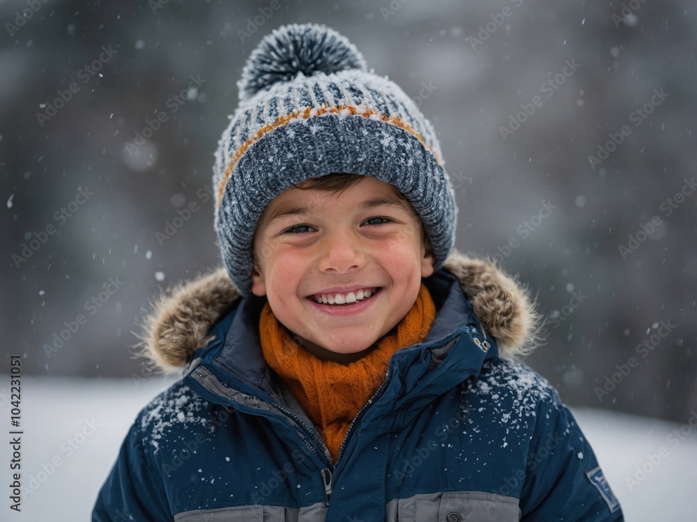 A young boy in a blue jacket and hat is standing in the snow, surrounded by a winter landscape. His warm clothing contrasts with the white, snowy background, capturing the essence of a cold winter day A young boy in a blue jacket and hat is standing in the snow, surrounded by a winter landscape. His warm clothing contrasts with the white, snowy background, capturing the essence of a cold winter day