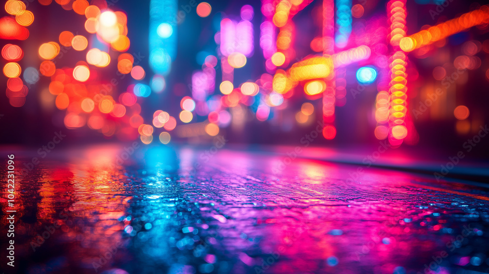 Neon city street lights reflection on wet road. Cyber Monday mockup. Digital retail concept. Image for advertising with copy space. Neon city street lights reflection on wet road. Cyber Monday mockup. Digital retail concept. Image for advertising with copy space.
