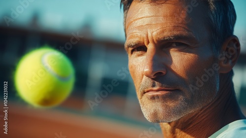 A young man prepares to serve tennis on a sunny day at an urban court surroun...
