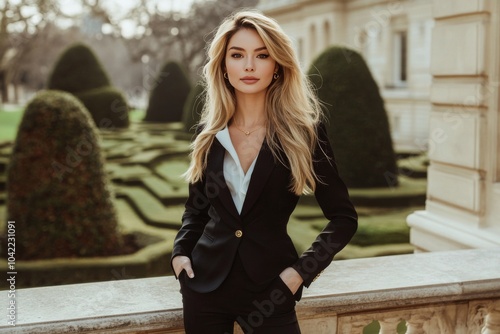 Elegant woman in a black suit poses in a manicured garden during a sunny day in autumn